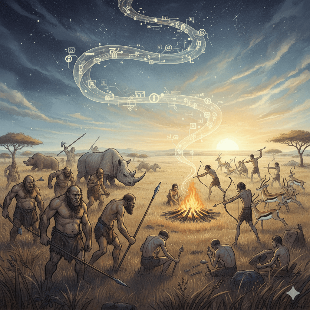 Conceptual art showing the potential evolutionary advantage of Homo sapiens over Neanderthals